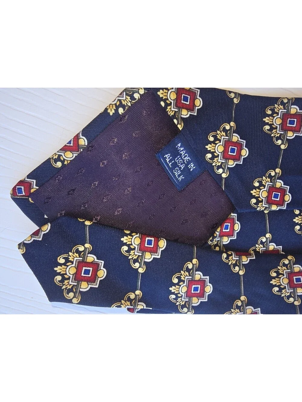 Vintage Italy Silk Necktie Navy Red Gold Geometric Medallion Wide Tie